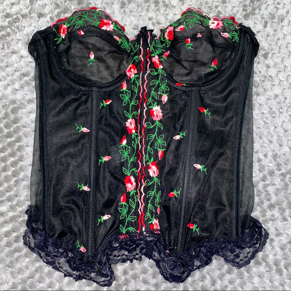 VINTAGE Rose Floral Embroidery Semi-Sheer Bustier